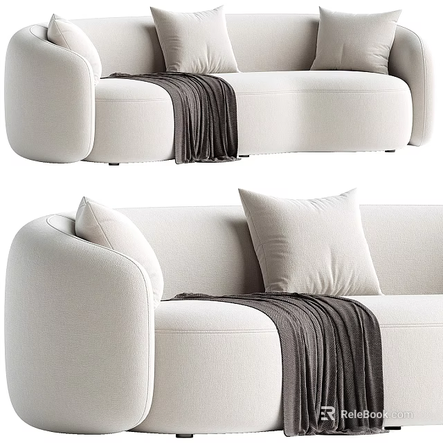 Cream Colored Modern Sectional Sofa With Soft Pillows And Dark Throw Blanket 3d model 