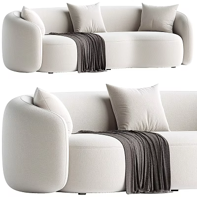 Cream Colored Modern Sectional Sofa With Soft Pillows And Dark Throw Blanket 3d model