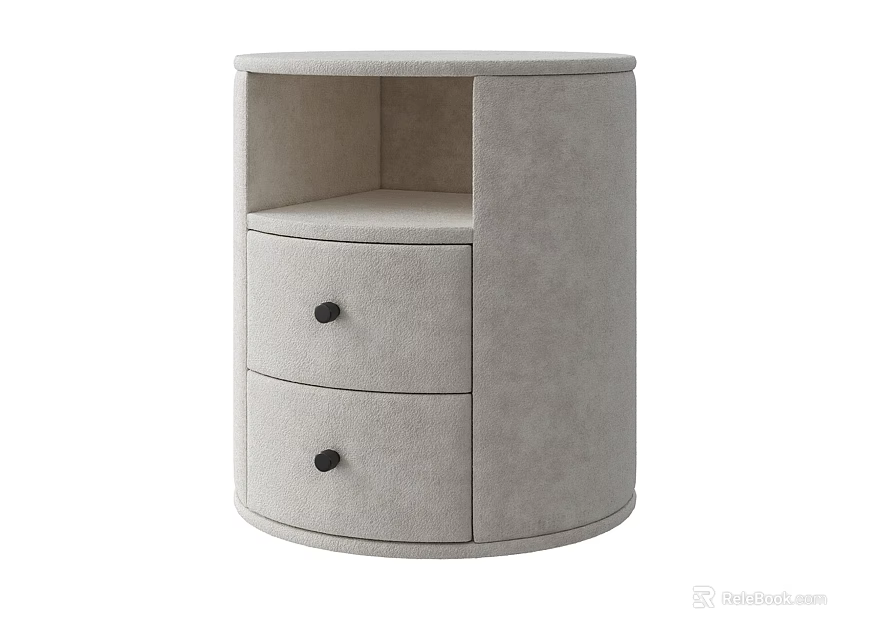 Modern Round Bedside Table With Two Drawers And Black Knobs In Beige Upholstered Fabric 3d model 