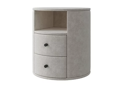 Modern Round Bedside Table With Two Drawers And Black Knobs In Beige Upholstered Fabric 3d model