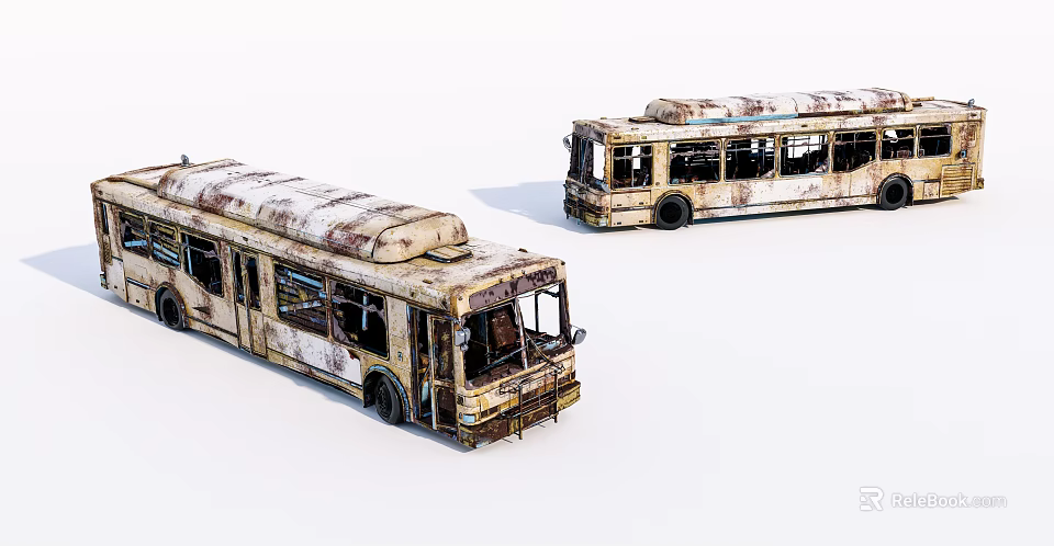 Two Old Rusty Abandoned Buses with Worn Out Exterior and Faded Paint 3d model 