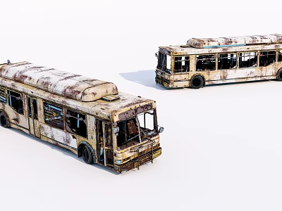 Two Old Rusty Abandoned Buses with Worn Out Exterior and Faded Paint 3d model