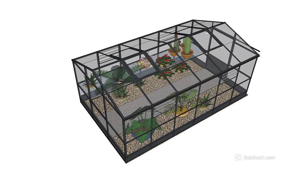 Greenhouse Interior Design With Glass Structure Various Plants Cactus And Gravel Floor 3d model 