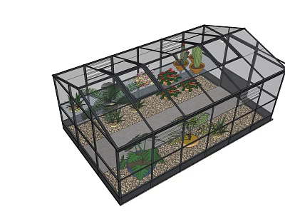 Greenhouse Interior Design With Glass Structure Various Plants Cactus And Gravel Floor 3d model