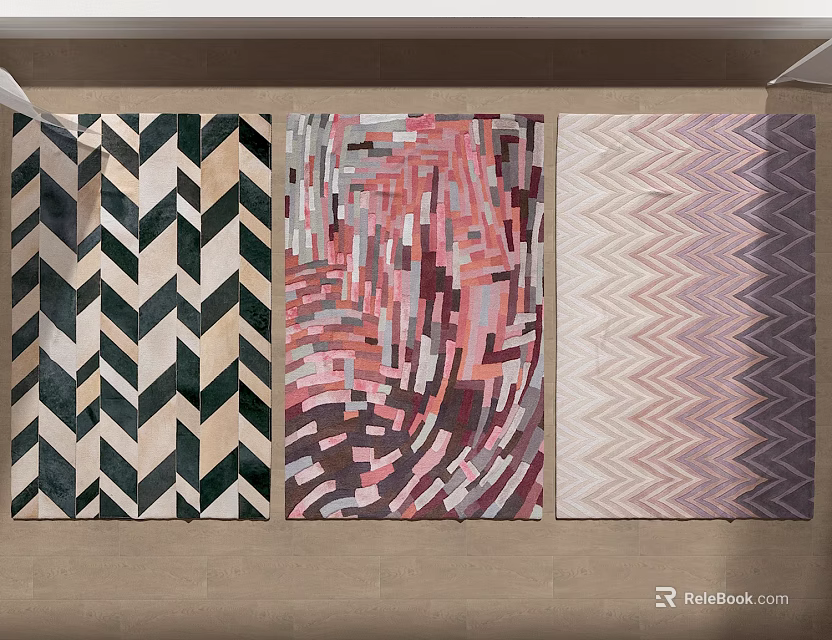 Square Rugs Featuring Herringbone And Colorful Geometric Patterns Three Different Designs 3d model