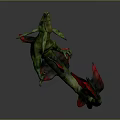 Game Movie Mythical Creature Character with Green Body Red Fins and Long Tail Design