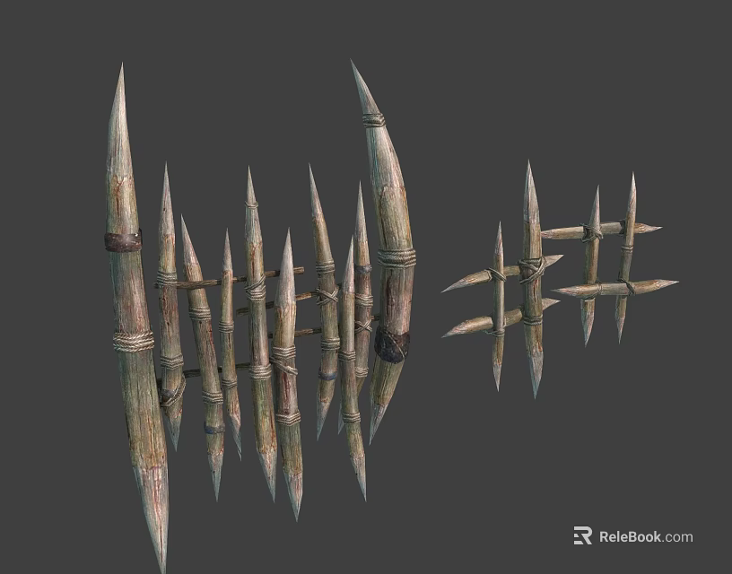 Bamboo Fence With Spiked Tops And Decorative Wooden Crossbar Design 3d model 