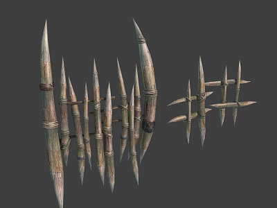 Bamboo Fence With Spiked Tops And Decorative Wooden Crossbar Design 3d model