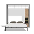 Double Bed With White Bedding Brown Pillows Black Metal Frame And Built In Wardrobe