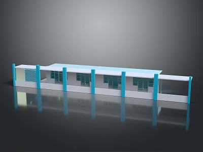 Modern Single Story Building Featuring White Exterior Blue Pillars And Multiple Windows 3d model