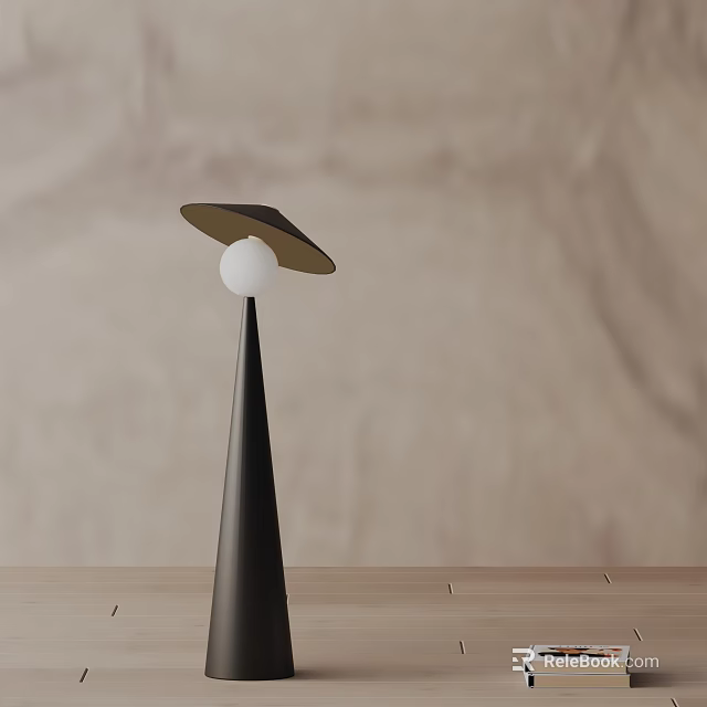 Modern Floor Lamp with Black Cone Base Disc Shade and White Globe on Wooden Tabletop 3d model 