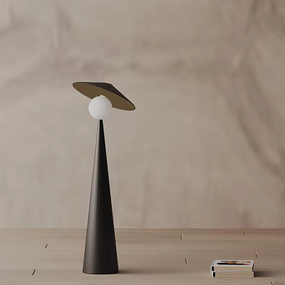 Modern Floor Lamp with Black Cone Base Disc Shade and White Globe on Wooden Tabletop 3d model