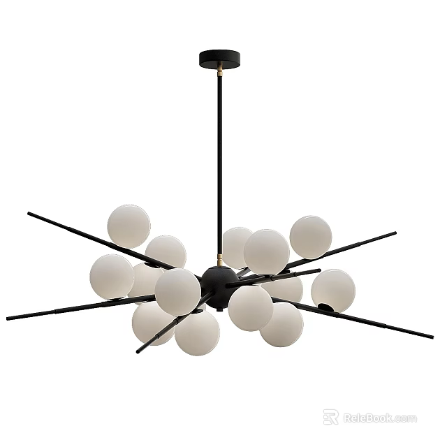 Elegant Black Branched Chandelier With White Spherical Globe Lights Design 3d model 