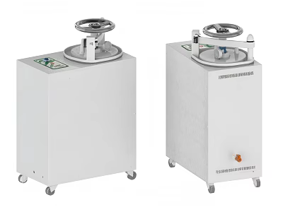 Two White Industrial Equipment Cabinet Units With Top Control Handwheels And Mobile Base 3d model