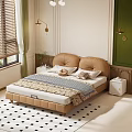 Modern Bedroom Interior With Beige Round Padded Headboard Slatted Mattress Base And Wall Lamps