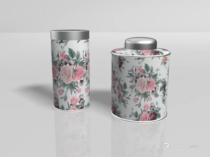 Decorative Ornament Set With Two Floral Pattern Tins Silver Lids And Pink Green Flowers 3d model 