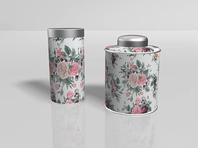 Decorative Ornament Set With Two Floral Pattern Tins Silver Lids And Pink Green Flowers 3d model