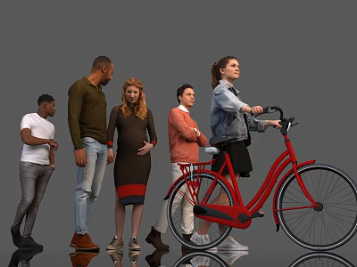 Group of People Standing Together With One Riding Red Bicycle In Casual Outfits 3d model