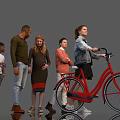 Group of People Standing Together With One Riding Red Bicycle In Casual Outfits