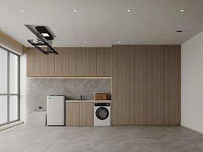 Wooden Cabinets Utility Space With Washing Machine Refrigerator Large Window And Gray Floor Tiles 3d model