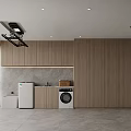 Wooden Cabinets Utility Space With Washing Machine Refrigerator Large Window And Gray Floor Tiles