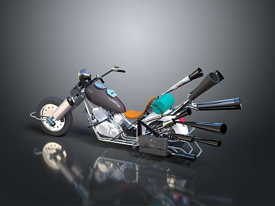 Shiny Black Custom Motorcycle With Multiple Exhaust Pipes Orange Seat And Handlebars 3d model