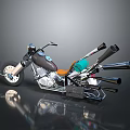 Shiny Black Custom Motorcycle With Multiple Exhaust Pipes Orange Seat And Handlebars