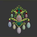 Ornate Gold Brooch With Colorful Gemstones And Hanging Pearl Pendants