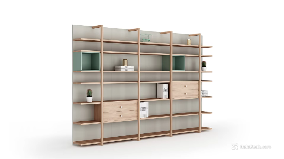 Modern Bookcase Interior Design With Open Shelves Drawers Potted Plants And Books 3d model 