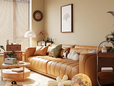Warm Brown Leather Sectional Sofa With Throw Pillows Coffee Table Moon Decor And Wall Art 3d model