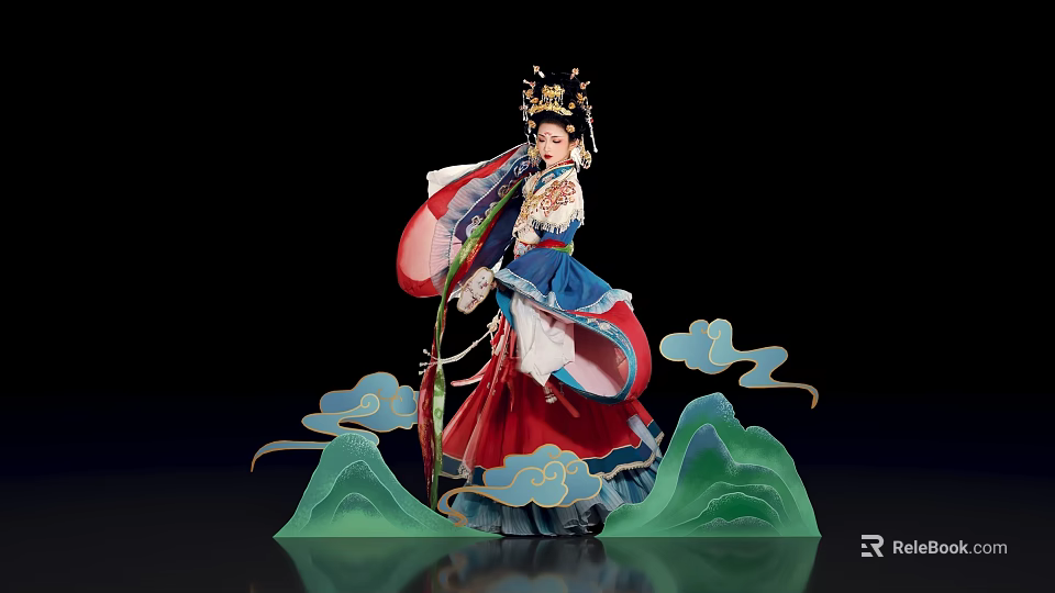 Elegant Traditional Chinese Costume Figure Display With Cloud Motifs And Mountain Ornaments 3d model 