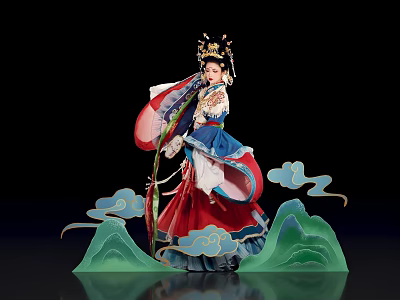 Elegant Traditional Chinese Costume Figure Display With Cloud Motifs And Mountain Ornaments 3d model