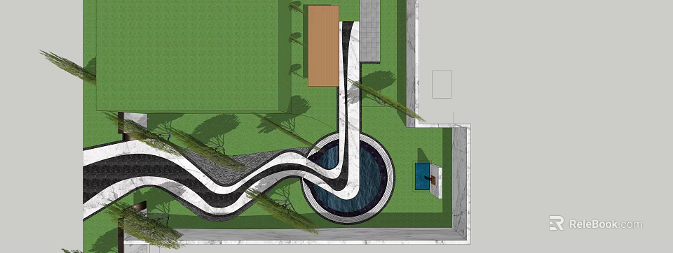 Garden Landscape Design With Curved Pathway Central Water Pond Green Lawn And Surrounding Plants 3d model 
