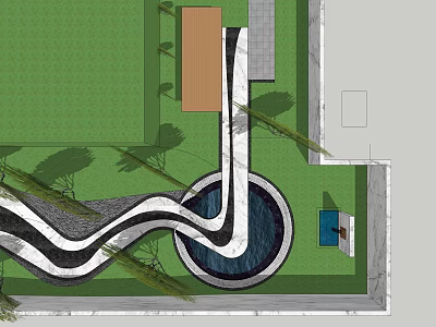 Garden Landscape Design With Curved Pathway Central Water Pond Green Lawn And Surrounding Plants 3d model