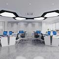 Modern Public Office Space With White Desks Black Chairs And Hexagonal Ceiling Lights