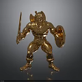 Golden Muscular Warrior Statue Holding Sword And Shield On Black Background