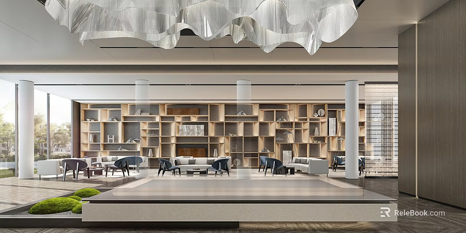 Modern Luxurious Lounge Area With Comfortable Sofas Stylish Bookshelves And Artistic Lighting 3d model 