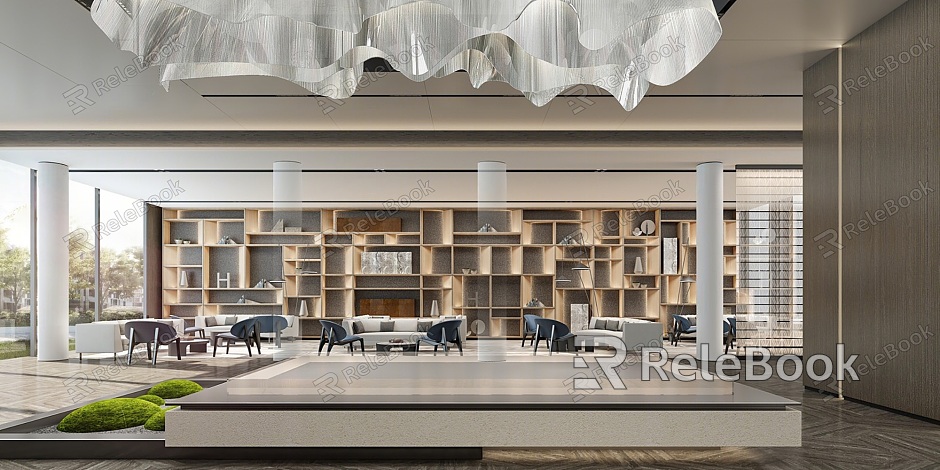 Modern Reception Area Sales Office Hall Rest Area Sales Department Large Chandelier Card Seat Sofa Coffee Table Combination Bookcase Sales Department Rest Area Hall Lobby model