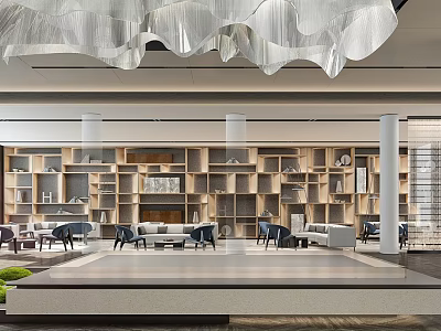 Modern Luxurious Lounge Area With Comfortable Sofas Stylish Bookshelves And Artistic Lighting 3d model