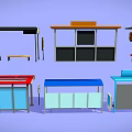 Various Bus Stop Designs With Seating Maps Different Colors And Shelters 3d model