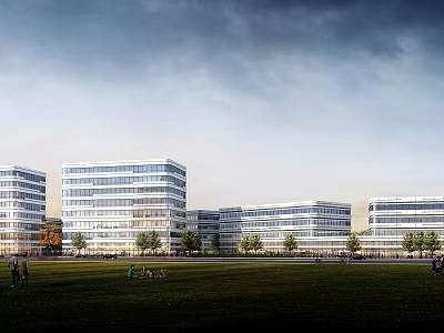 Modern Office Buildings With Glass Facades Surrounded By Green Lawn Trees And People Walking 3d model