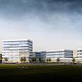 Modern Office Buildings With Glass Facades Surrounded By Green Lawn Trees And People Walking