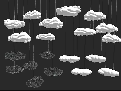 White Cloud Shaped Pendant Lights Some Solid Some Outline Hanging On Black Background 3d model