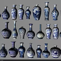 Blue and White Ceramic Vessels Collection With Various Traditional Patterns and Shapes