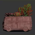 Colorful Succulent Plants In Pink Bus Shaped Planter With Green Red Leaves