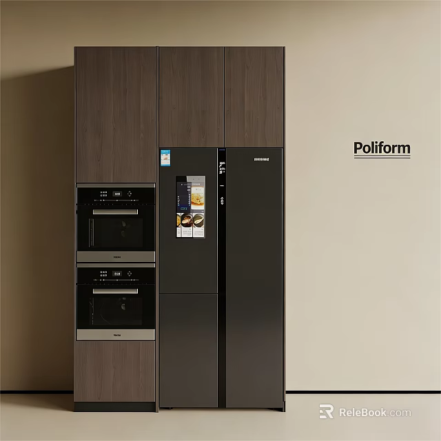Poliform Modern Kitchen Interior With Dark Built In Refrigerator And Oven 3d model 