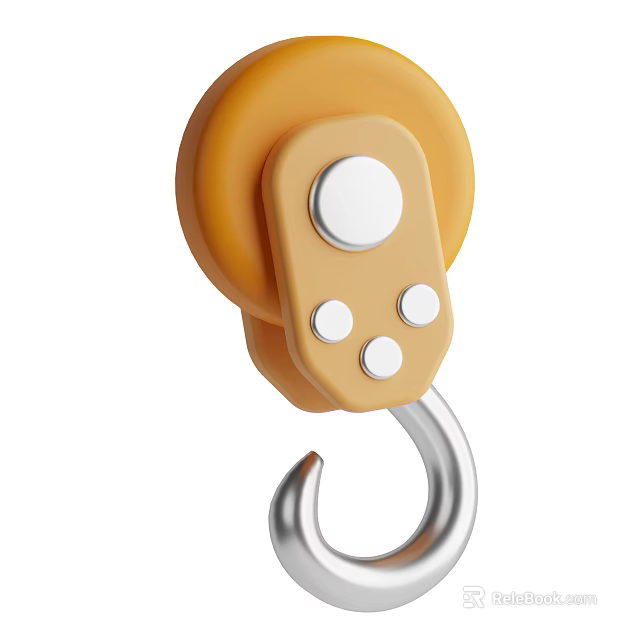 Yellow Mechanical Pulley With Silver Hook Circular Buttons And Wheel Design Elements 3d model 