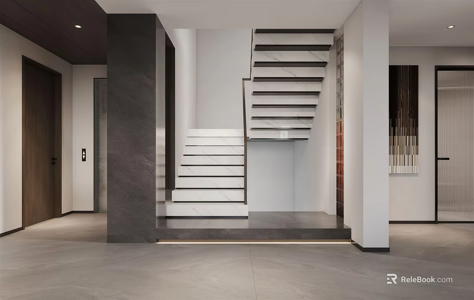 Modern Staircase Interior Design With White Steps Grey Columns And Floor Tiles 3d model