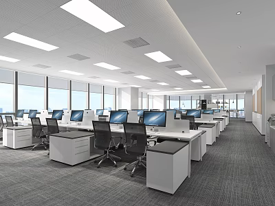 Modern Spacious Public Office Space With Workstations Computers Large Windows And Bright Lighting 3d model