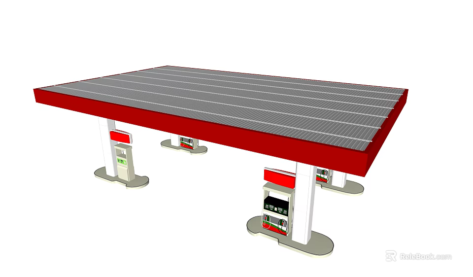 Gas Station Canopy With Red Roof Gray Solar Panels And Fuel Dispensers 3d model 